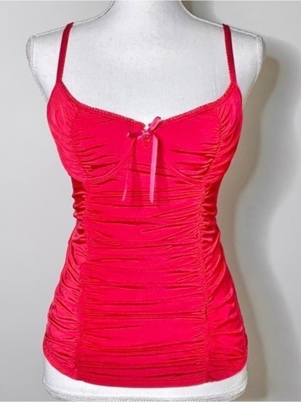 Victoria’s Secret, Satin Ruched Hot Pink Camisole, Charm Bow, M, Medium, Y2K